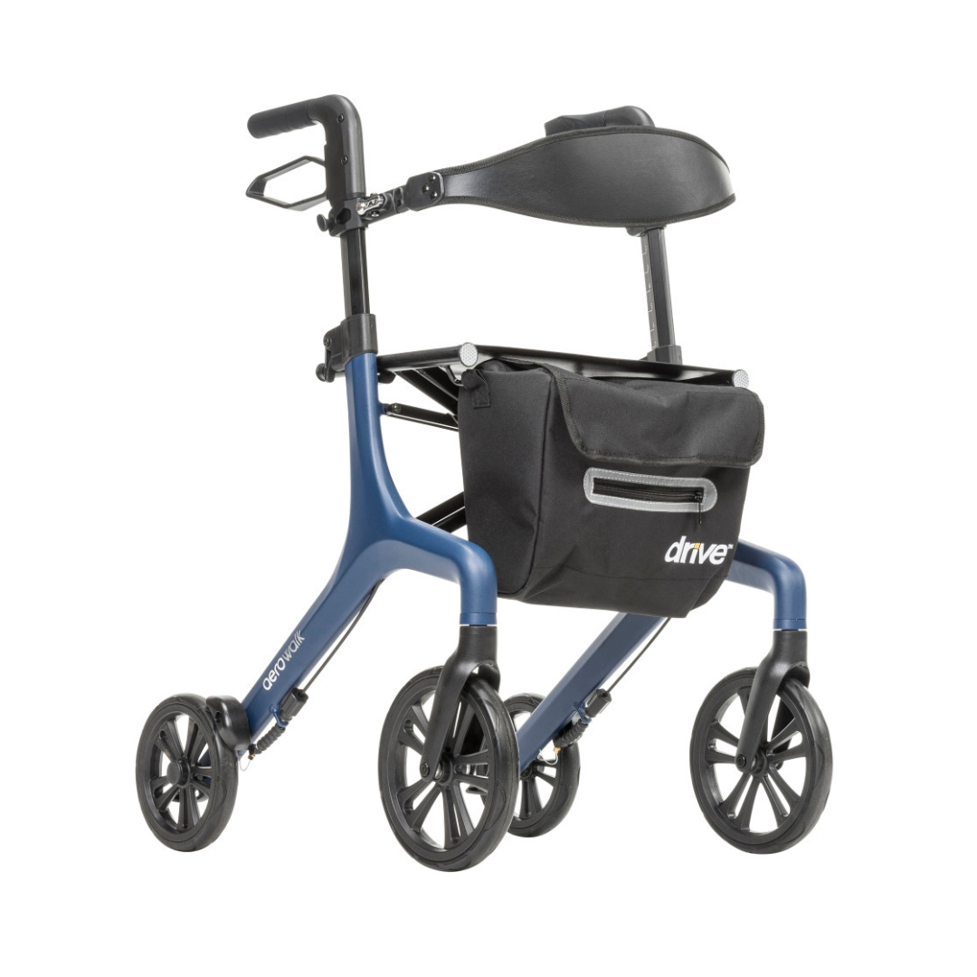 The Drive AeroWalk Ultra-Lite Rollator features a modern blue frame, four black wheels, padded seat, ergonomic handles, and a front black storage bag—offering sleek design and excellent everyday mobility support.